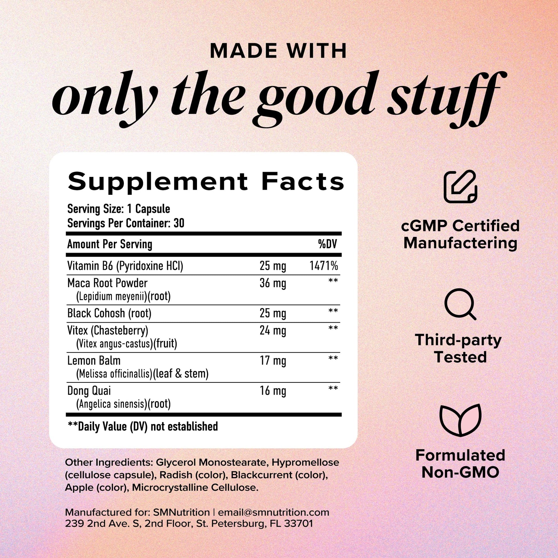 SMNutrition non GMO vegan and gluten free certified seals on product packaging