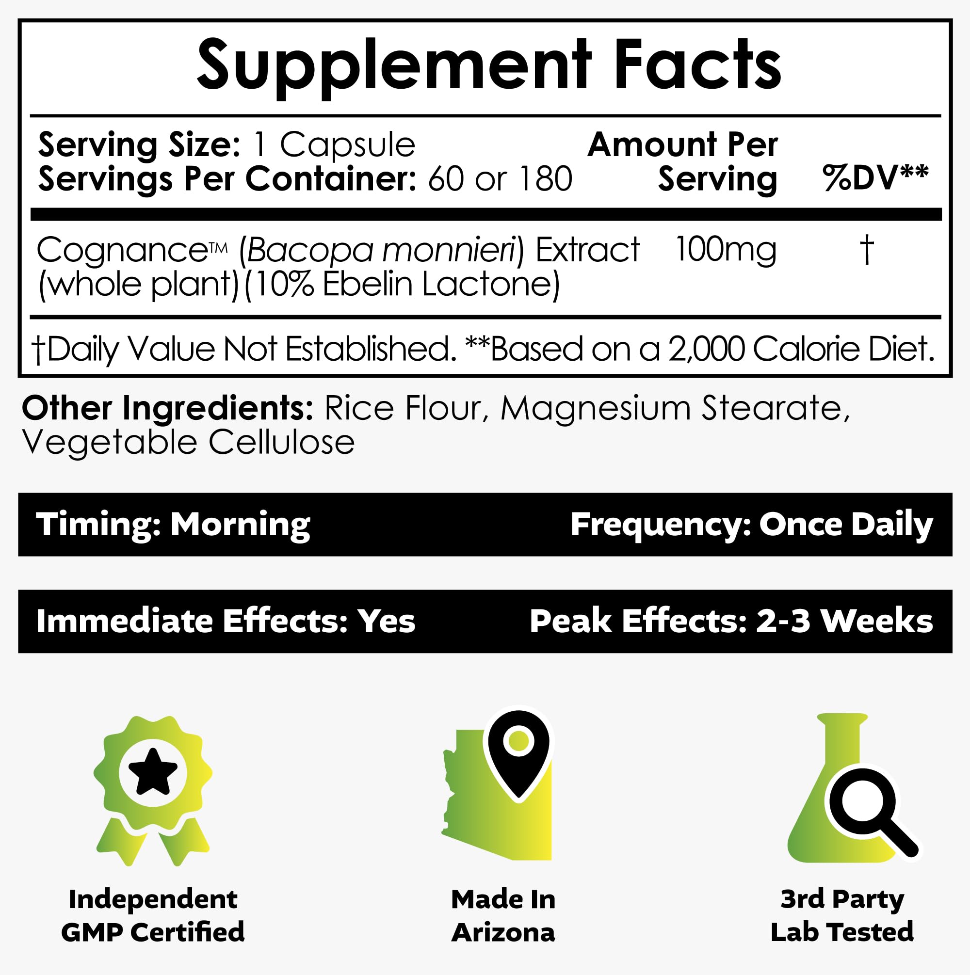 Nootropics Depot Cognance Enhanced Bacopa 60 capsules packaging displaying the ten percent Ebelin Lactone standardization
