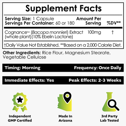 Nootropics Depot Cognance Enhanced Bacopa 60 capsules packaging displaying the ten percent Ebelin Lactone standardization
