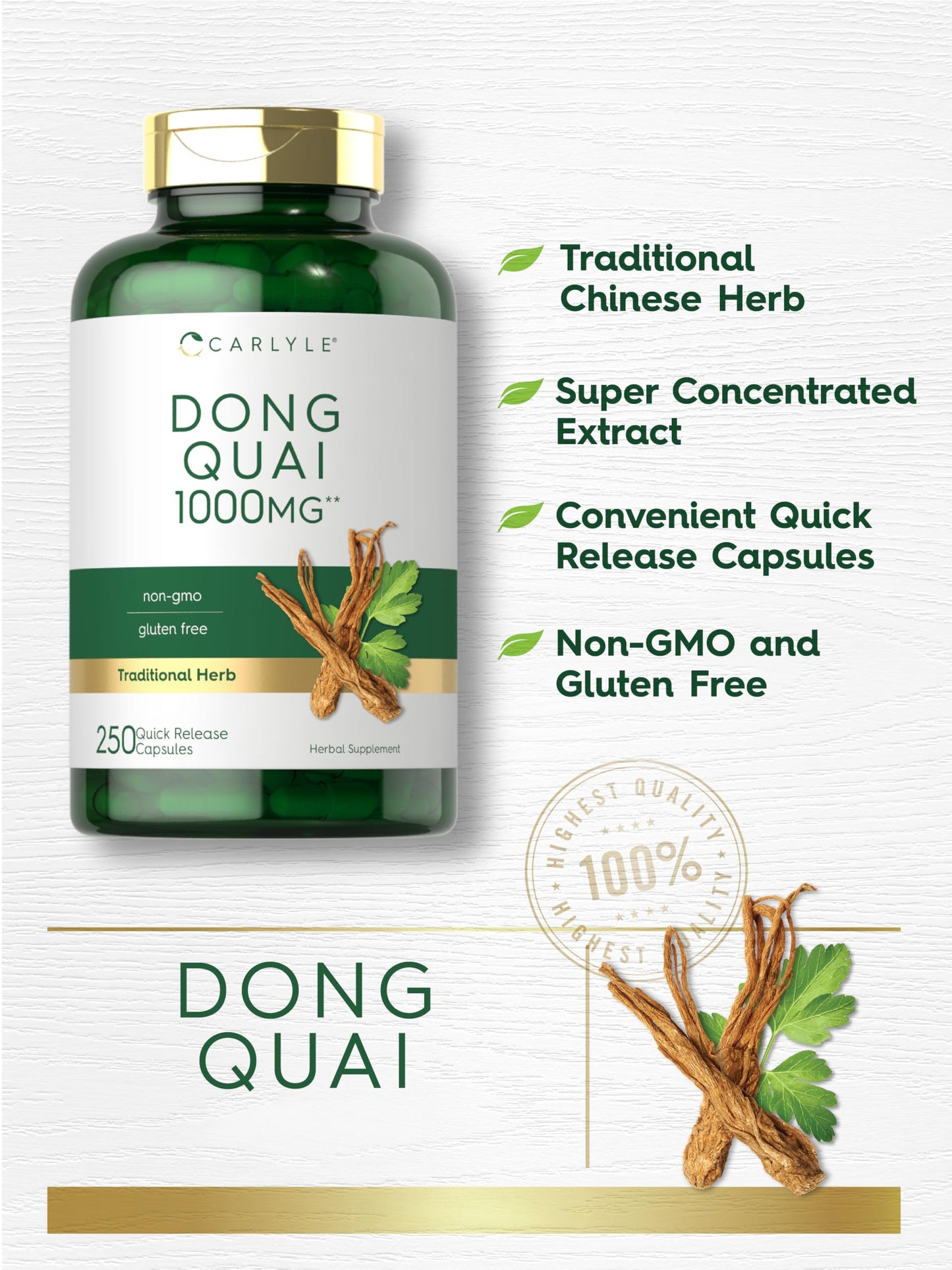 Side view of Carlyle Dong Quai herbal capsules bottle highlighting non-GMO and gluten-free certification icons