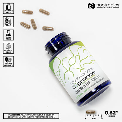 Side profile of imported Nootropics Depot Cognance dietary supplement bottle highlighting ingredient details and instructions