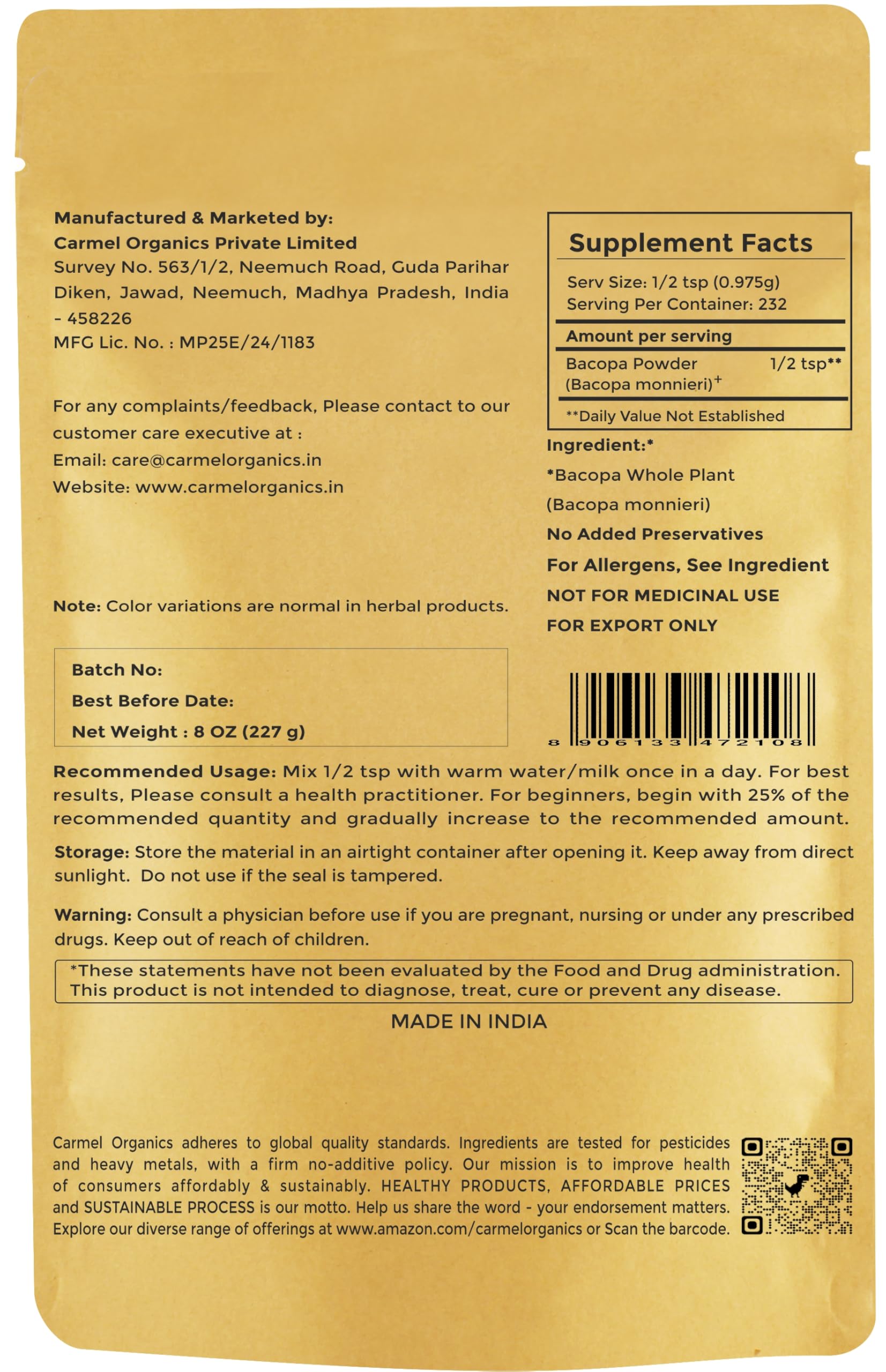 Pure Brahmi powder from Carmel Organics for natural memory and focus support.