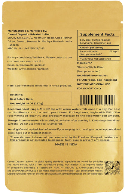 Pure Brahmi powder from Carmel Organics for natural memory and focus support.