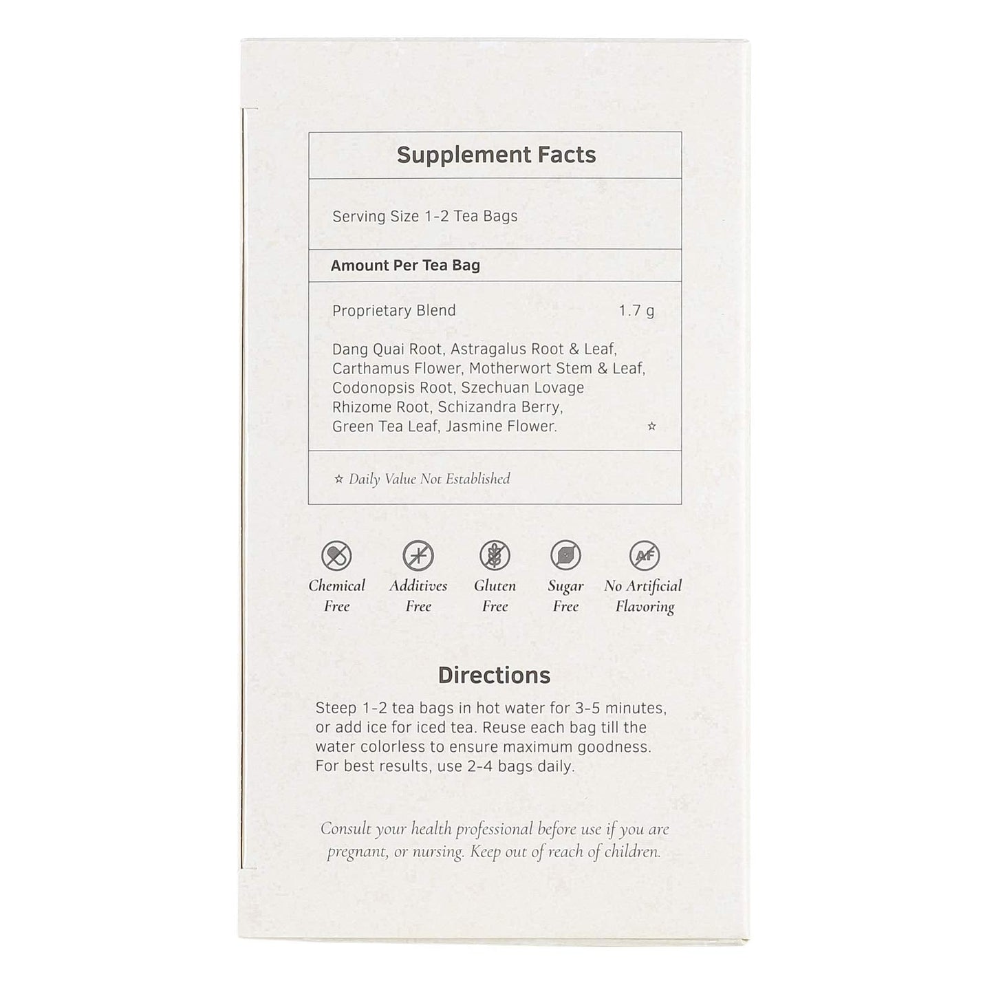 Health King gynecological support tea side view with USA import details