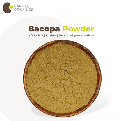 Carmel Organics cognitive wellness supplement bag containing 227 grams of pure Bacopa powder.