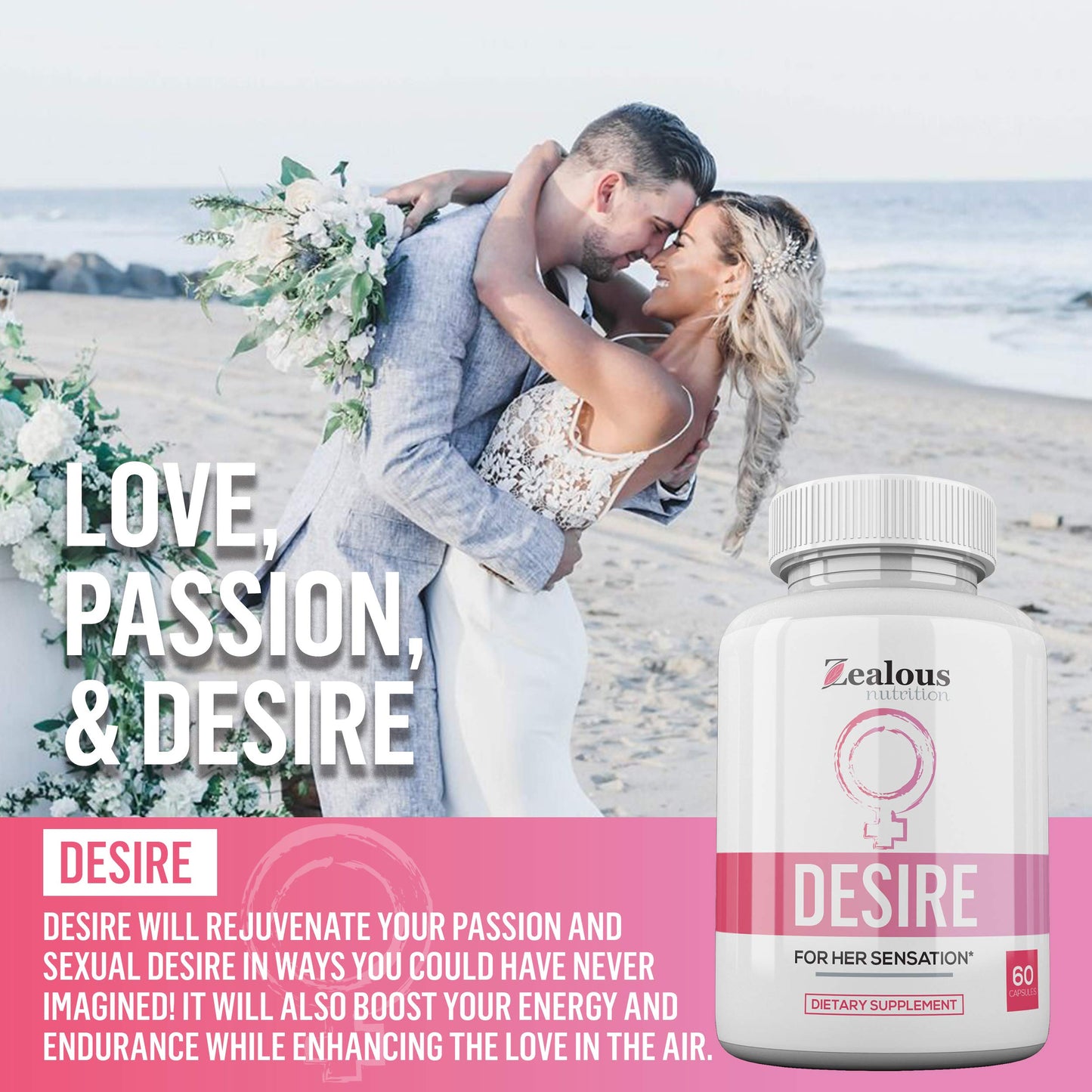 Zealous Nutrition Desire sixty capsules bottle side view showing ingredients