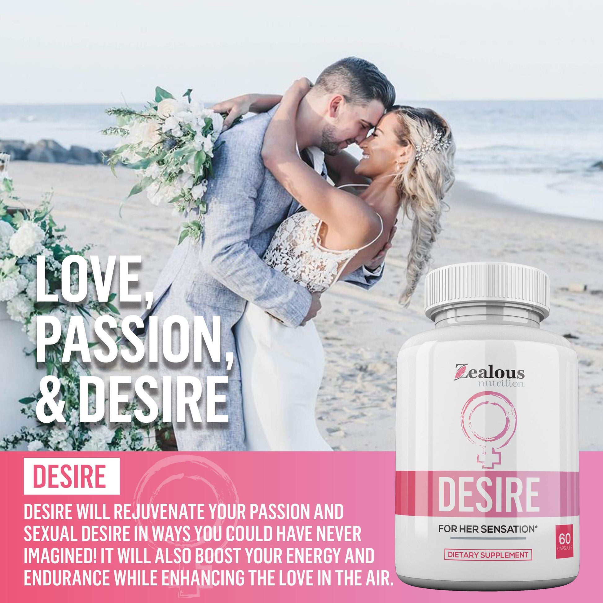 Zealous Nutrition Desire sixty capsules bottle side view showing ingredients