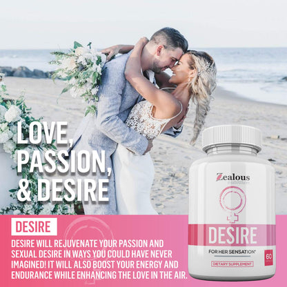 Zealous Nutrition Desire sixty capsules bottle side view showing ingredients
