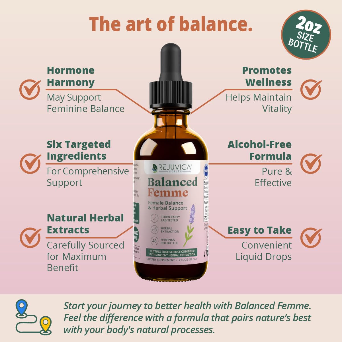 Rejuvica Balanced Femme two fluid ounce container showing proprietary blend of Vitex and Dong Quai ingredients.