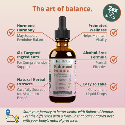Rejuvica Balanced Femme two fluid ounce container showing proprietary blend of Vitex and Dong Quai ingredients.