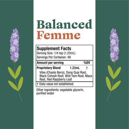 Authentic USA imported Rejuvica Balanced Femme bottle standing upright indicating PMS and menopause symptom relief benefits.