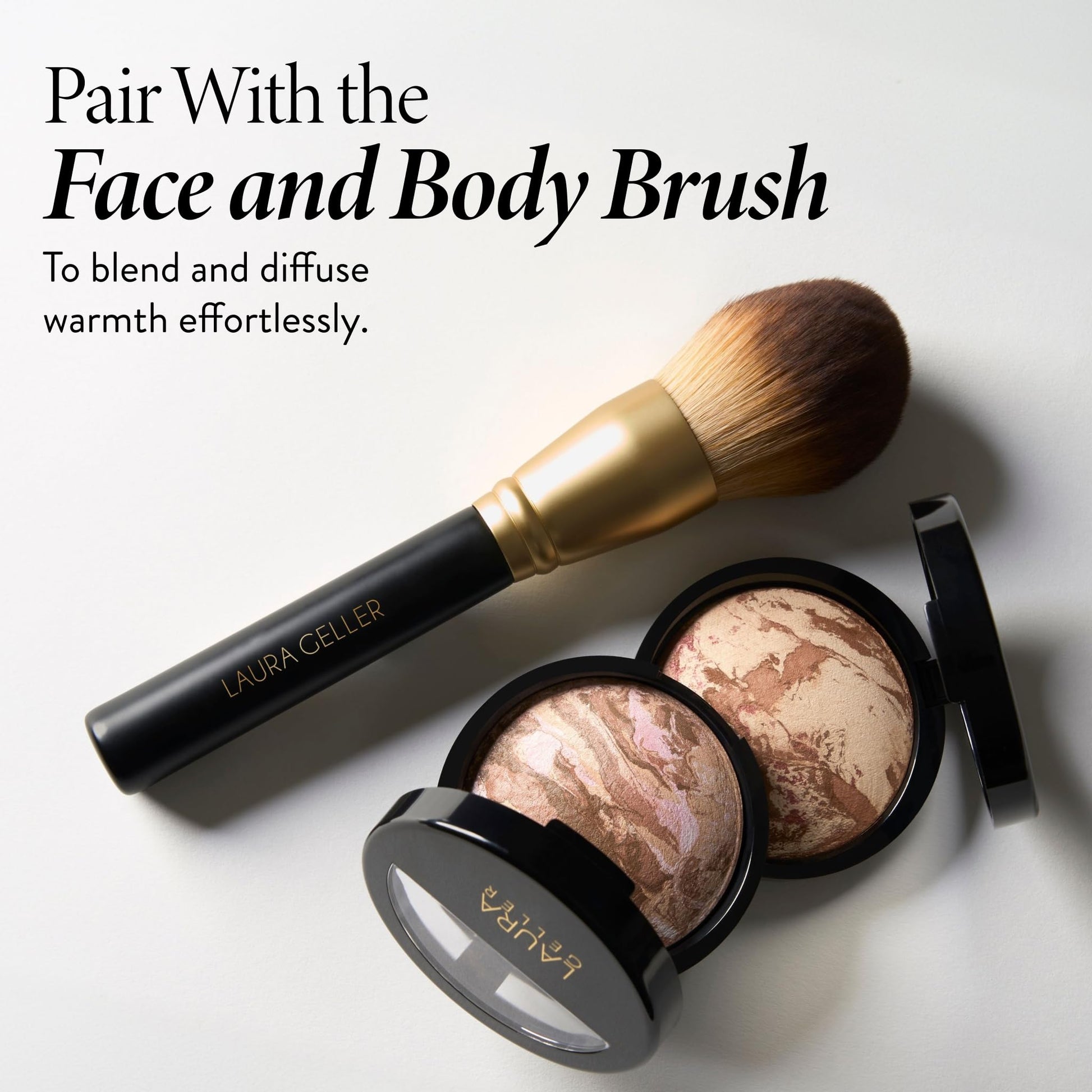 Laura Geller New York non-cakey face bronzer compact displaying the zero orange undertone finish.