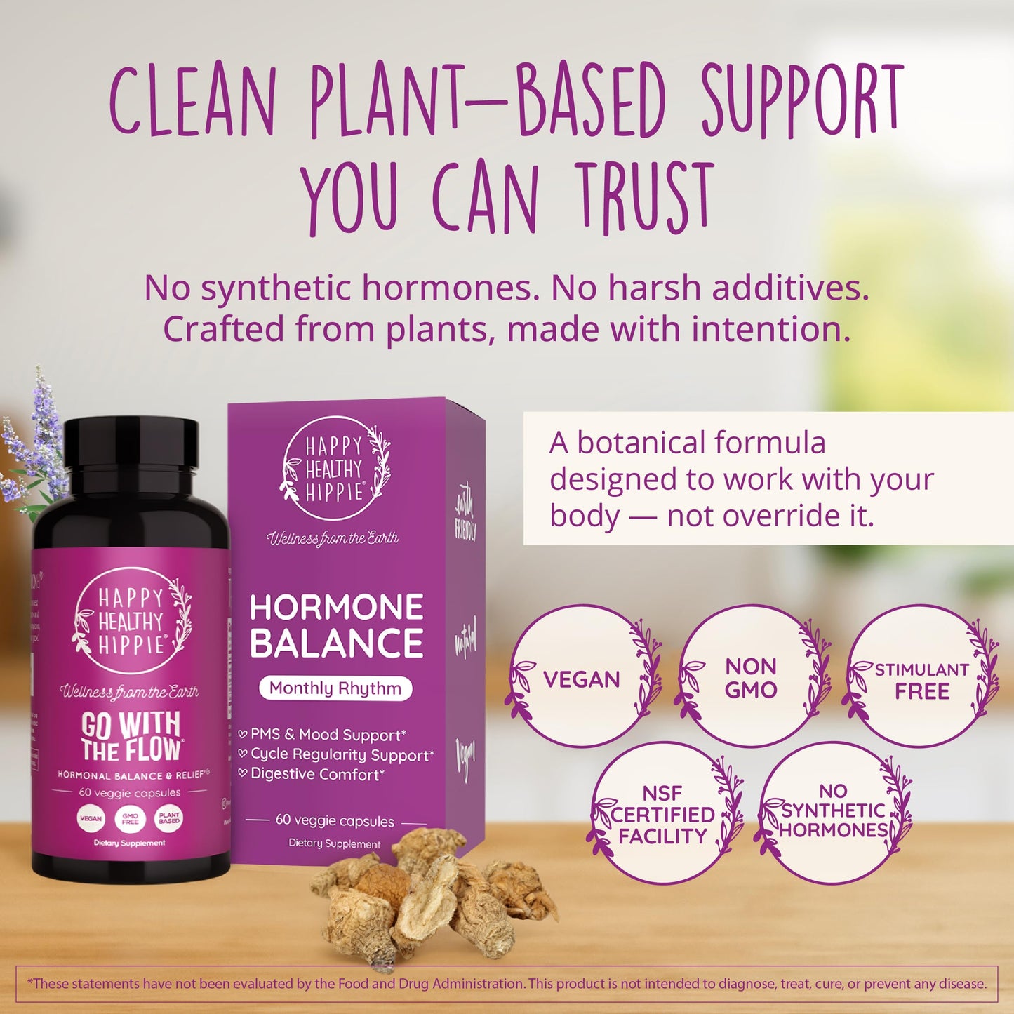Happy Healthy Hippie Hormone Balance capsules displayed next to the product packaging