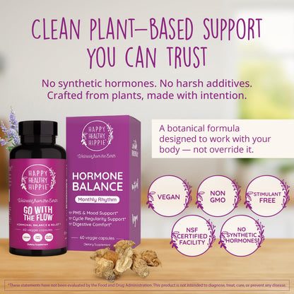Happy Healthy Hippie Hormone Balance capsules displayed next to the product packaging