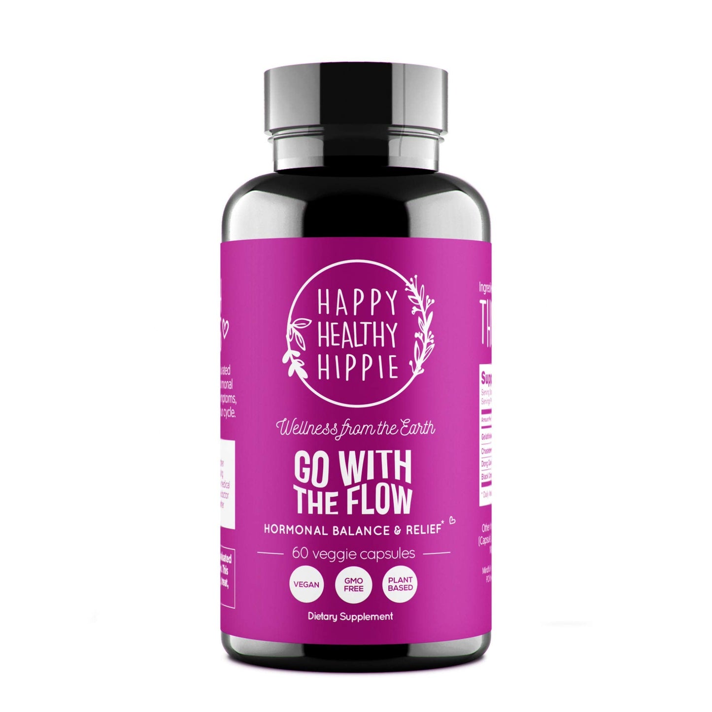 Authentic USA imported Happy Healthy Hippie women wellness capsules bottle close up
