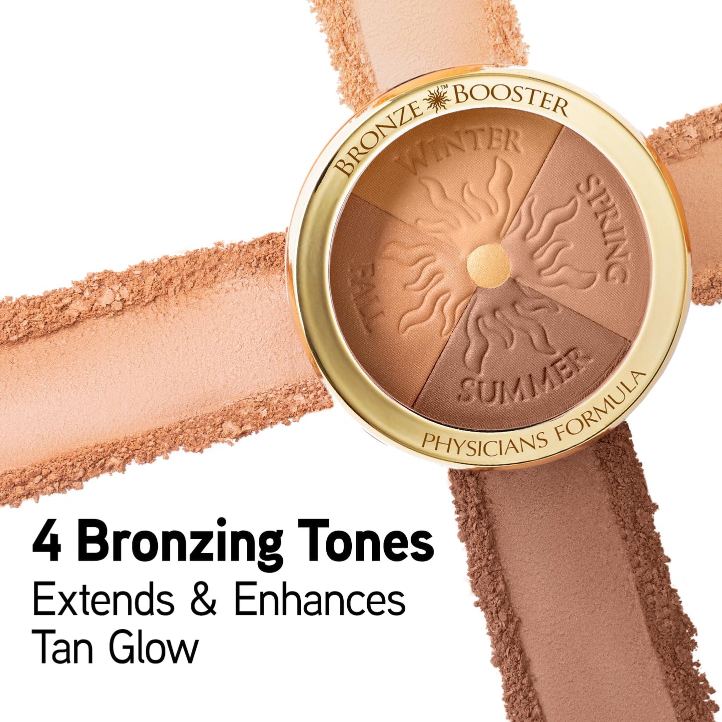 Open compact of Physicians Formula Glow Boosting Bronzer showing four distinct shades