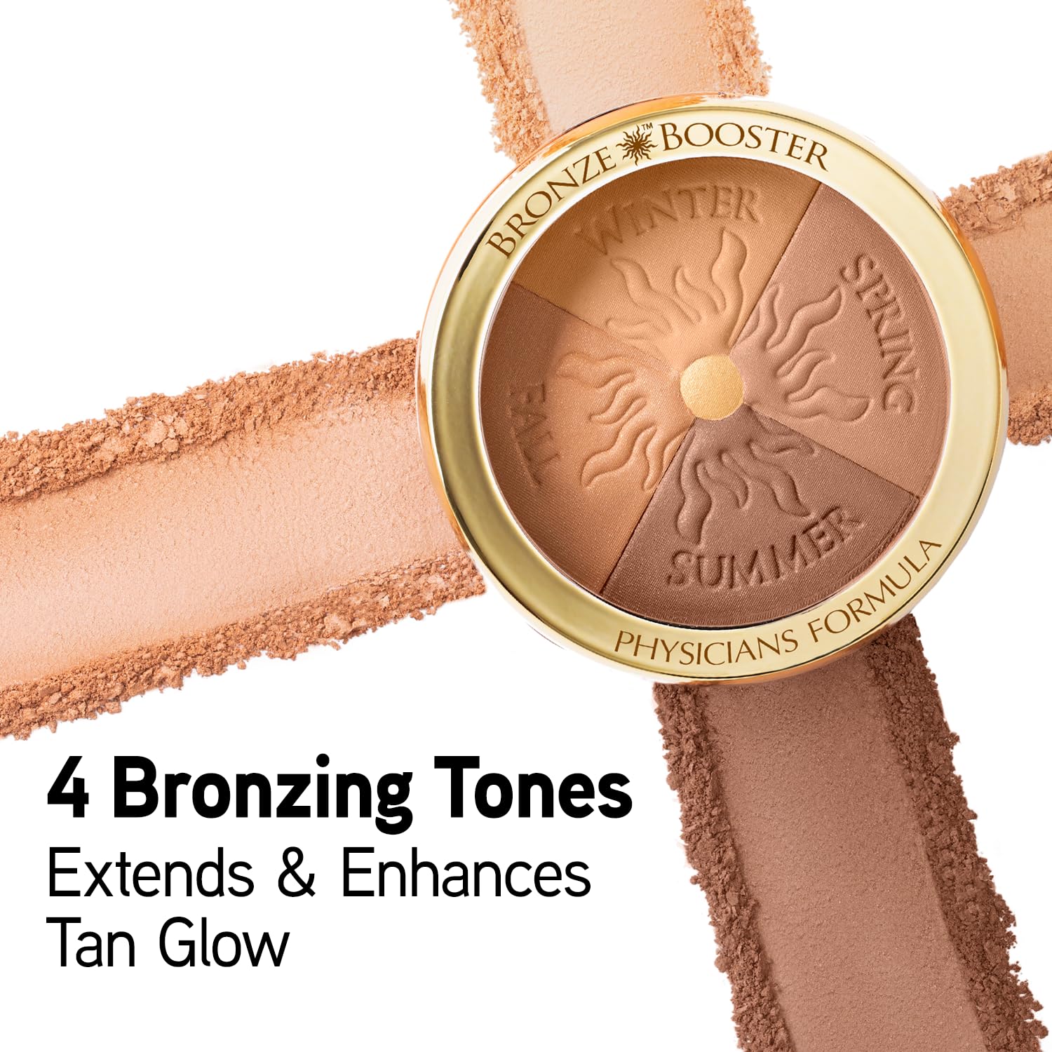 Open compact of Physicians Formula Glow Boosting Bronzer showing four distinct shades