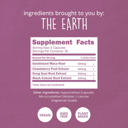 Side view of Happy Healthy Hippie Hormone Balance bottle detailing directions for use
