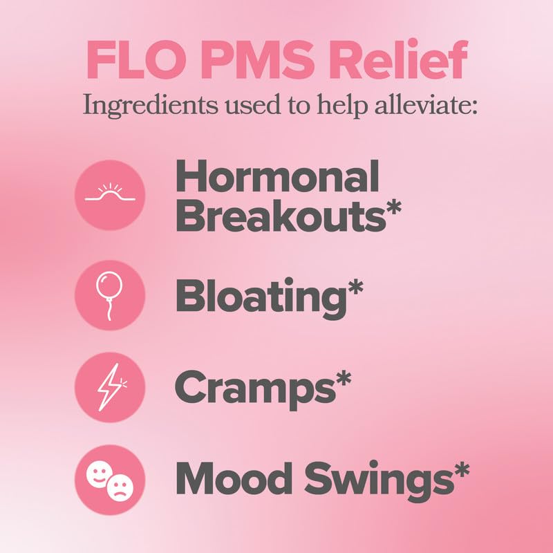 O Positiv FLO PMS supplement bottle displaying chasteberry and vitamin B6 ingredients