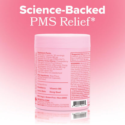 Close up of O Positiv FLO PMS relief vitamins bottle showing 30 dietary capsules