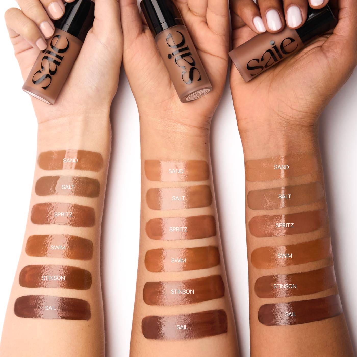 Hydrating liquid bronzer swatch in Sand shade on skin