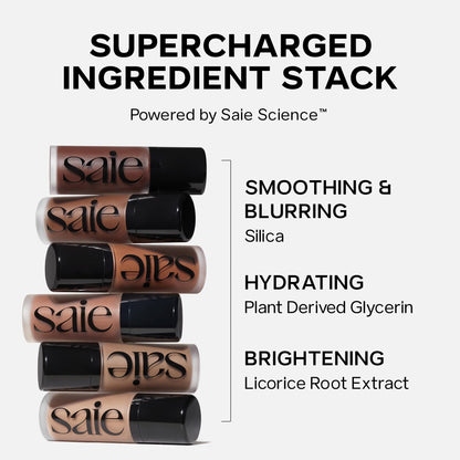 Saie Dew Bronze bottle showing plant derived glycerin makeup formula