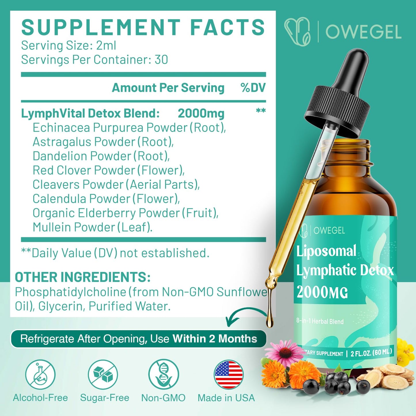 Owegel 2 fluid ounce lymphatic drainage supplement bottle