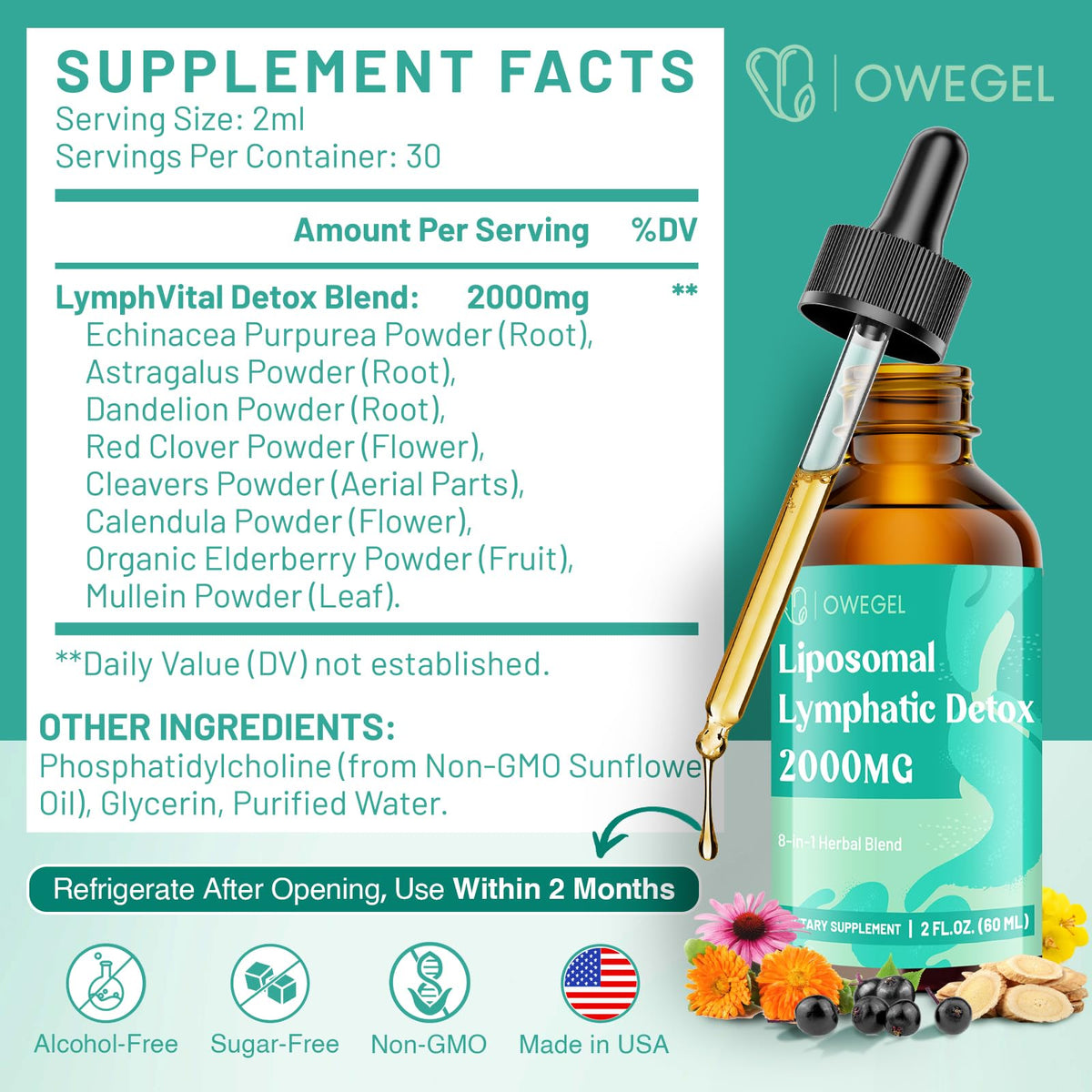 Owegel 2 fluid ounce lymphatic drainage supplement bottle