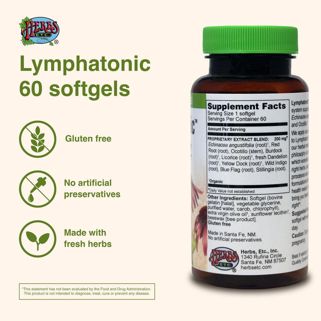 Side view of Herbs Etc. Lymphatonic herbal supplement bottle