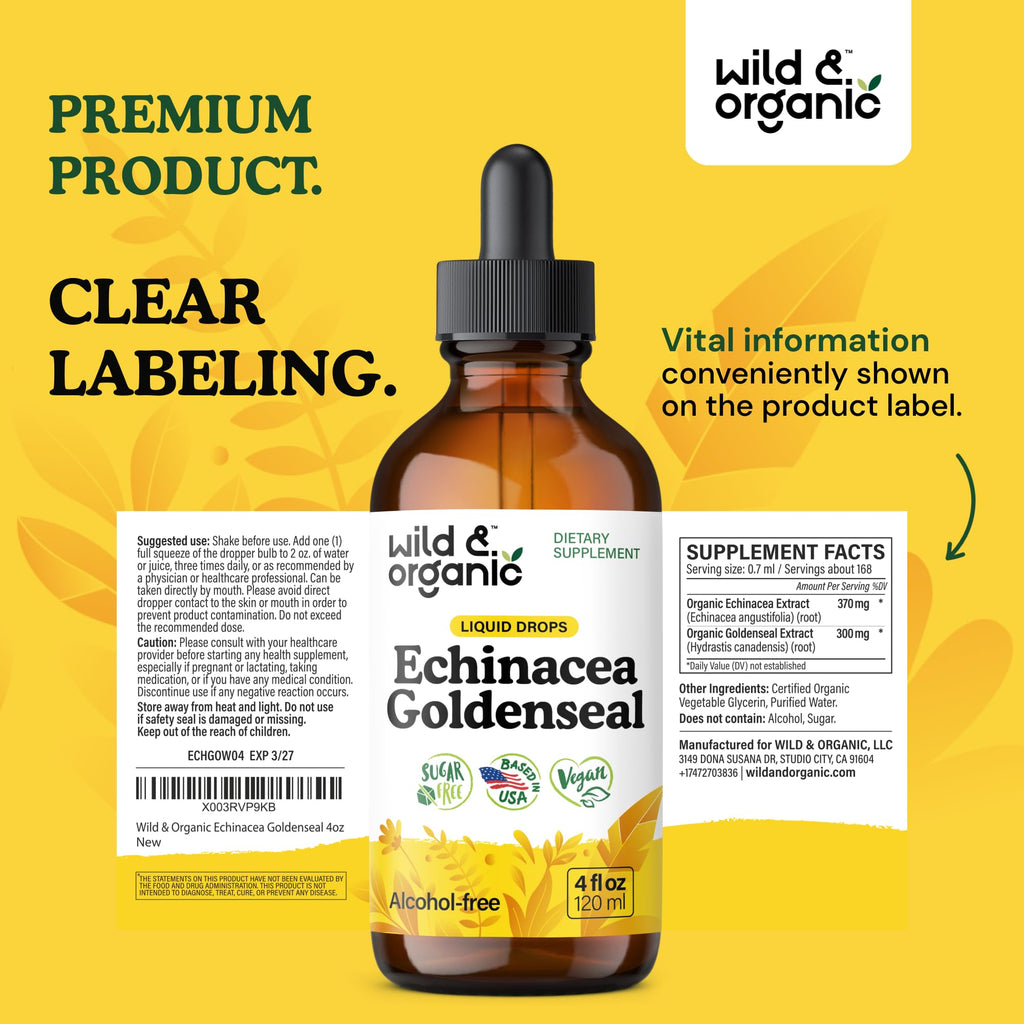 Packaging of Wild and Organic Echinacea Goldenseal immune drops