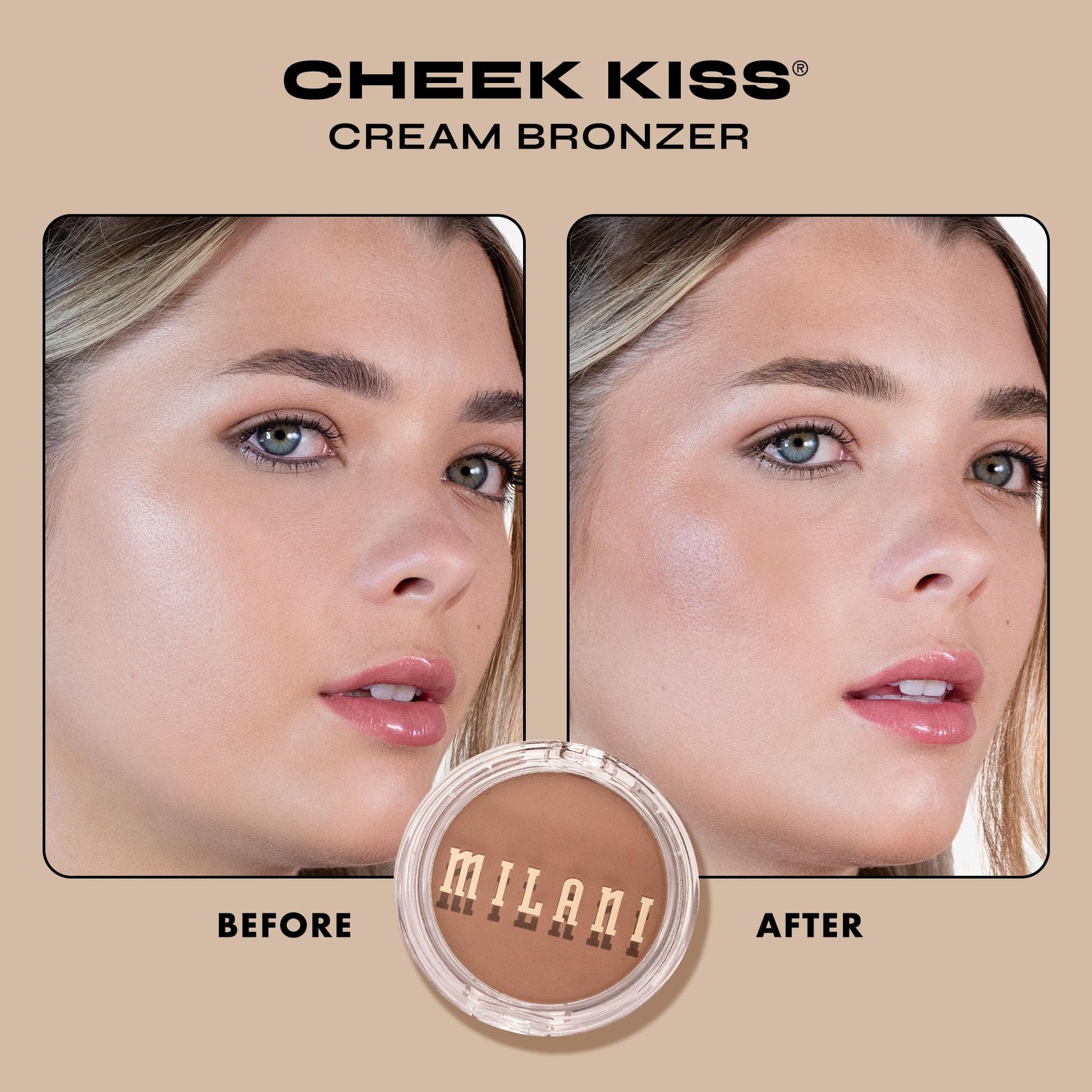 Open compact of Milani Cheek Kiss Cream Bronzer showing the soft matte cream product texture.