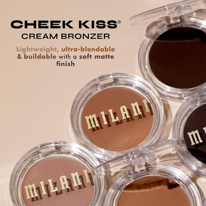 Milani Cosmetics cream bronzer container showing the 110 Hey Honey shade swatched on fair skin.