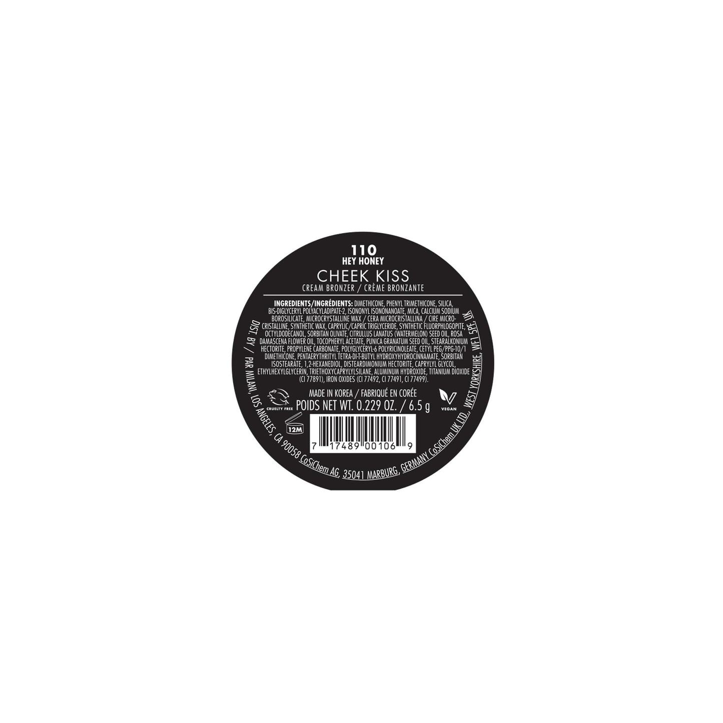 Back label of the Milani 110 Hey Honey cream bronzer compact showcasing the vegan and cruelty free logos.