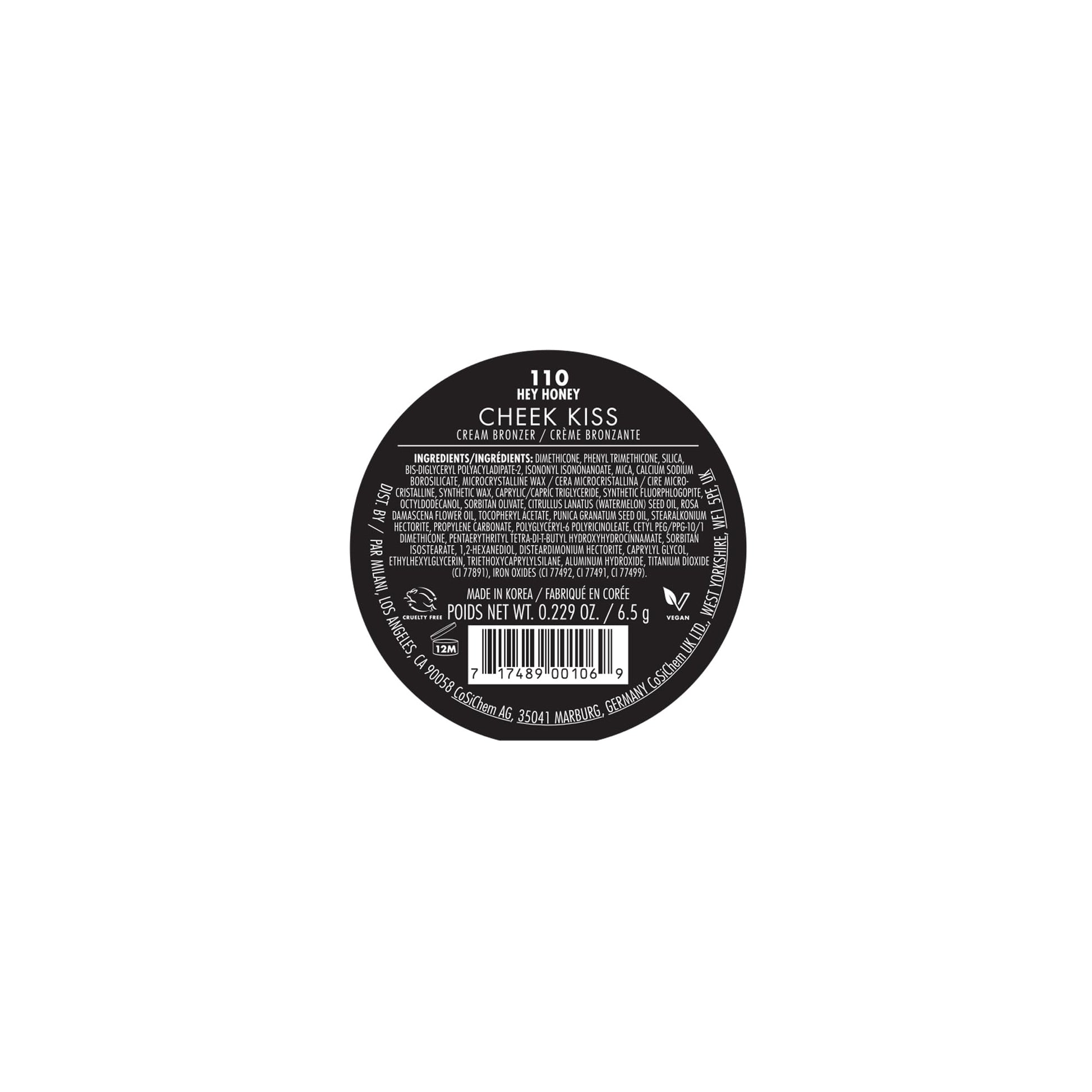 Back label of the Milani 110 Hey Honey cream bronzer compact showcasing the vegan and cruelty free logos.