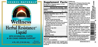 Ingredients list on Source Naturals Wellness Liquid bottle