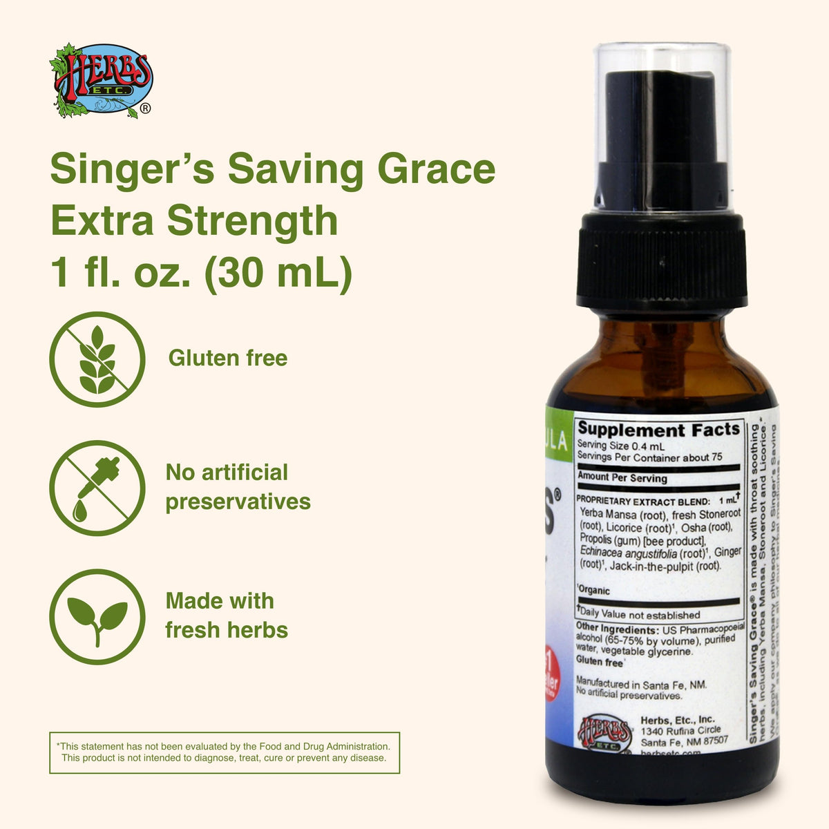 Herbs Etc. Singer's Saving Grace throat relief spray label details