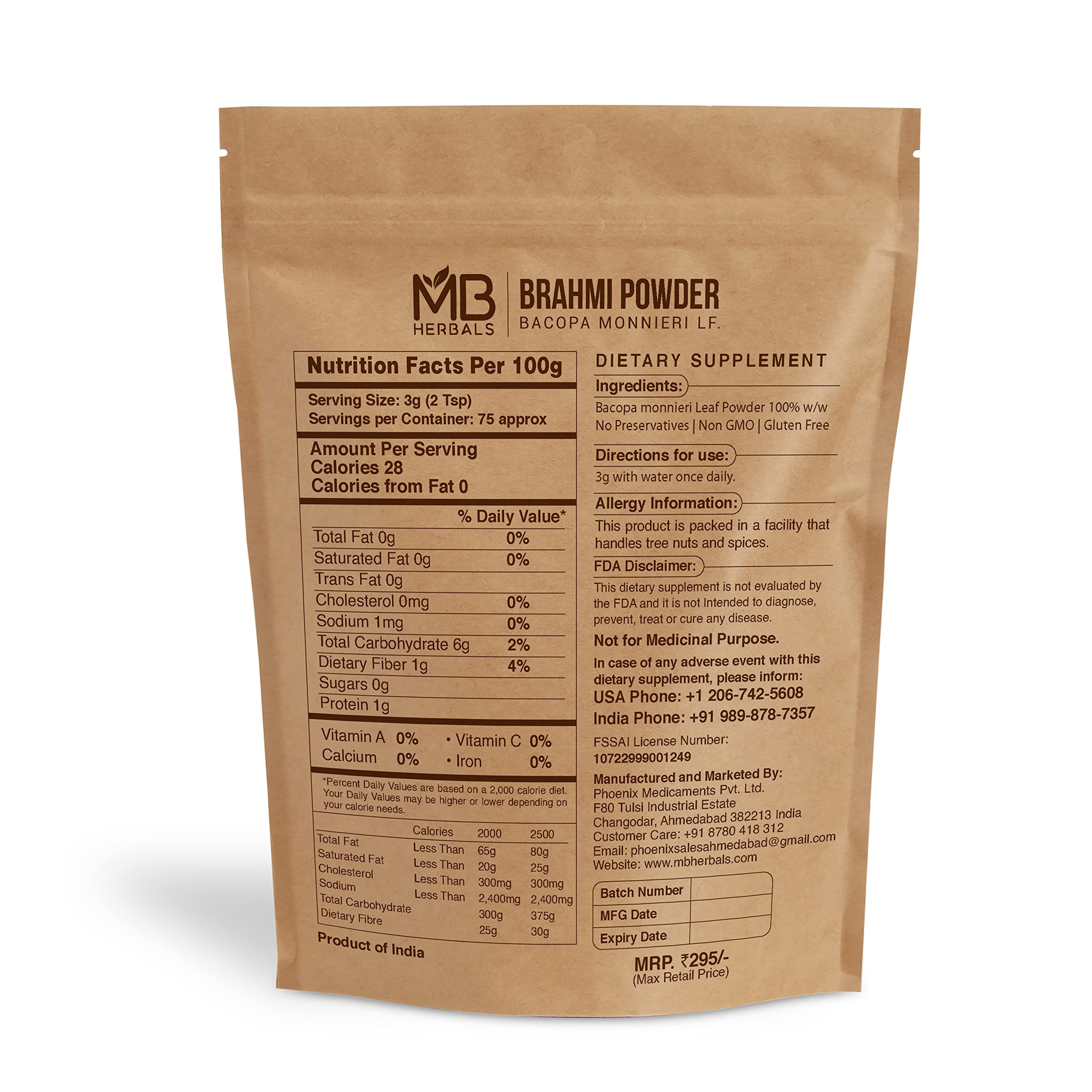 Back view of Bacopa Monnieri herbal supplement bag showing ingredient details and usage directions