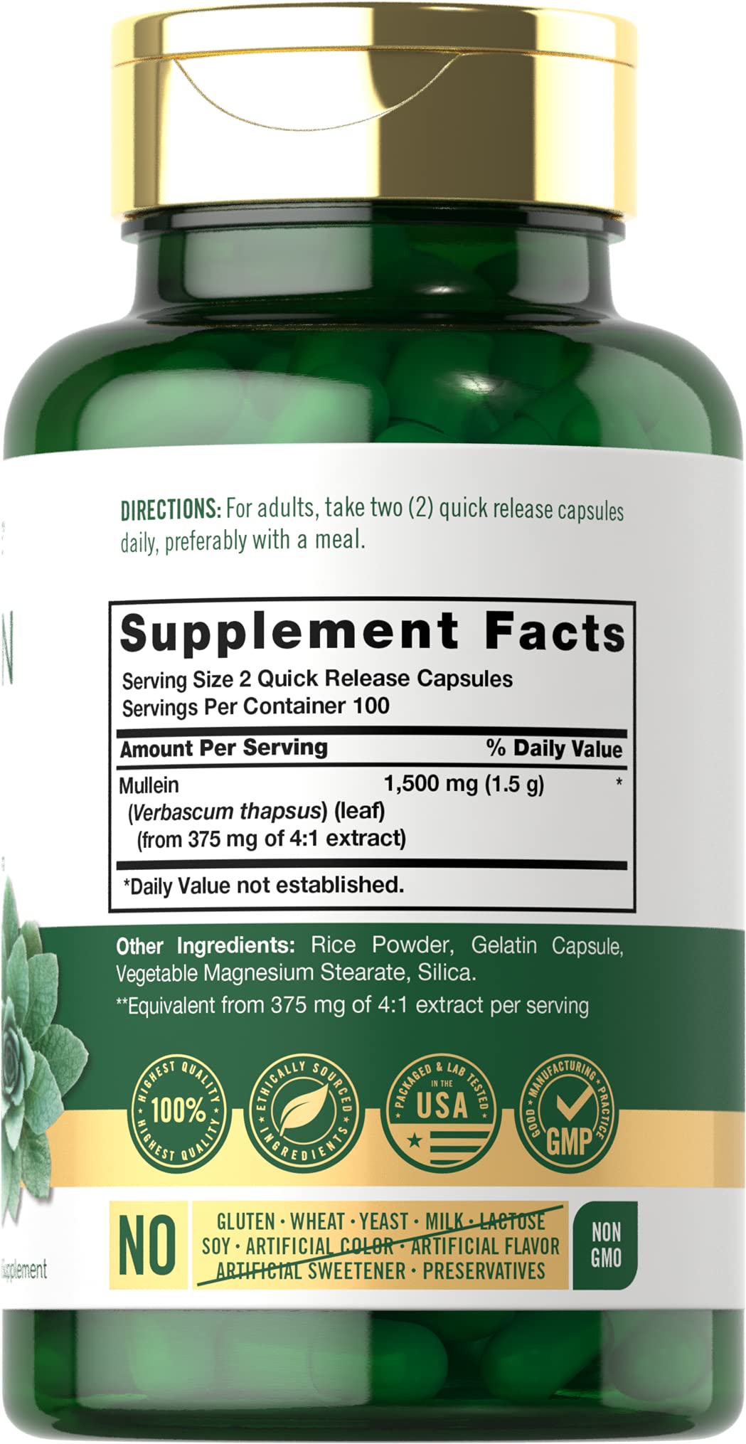 Carlyle Mullein Leaf Extract 200 capsules supplement facts label