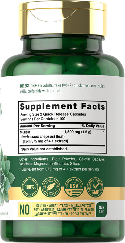 Carlyle Mullein Leaf Extract 200 capsules supplement facts label