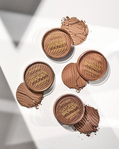 Rimmel London 10 hour wear waterproof bronzer displaying the sleek round makeup compact design.