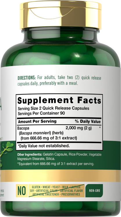 Carlyle Brahmi supplement bottle showing supplement facts label and 1000 Milligrams serving size details