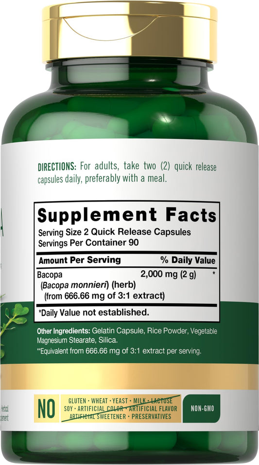 Carlyle Brahmi supplement bottle showing supplement facts label and 1000 Milligrams serving size details