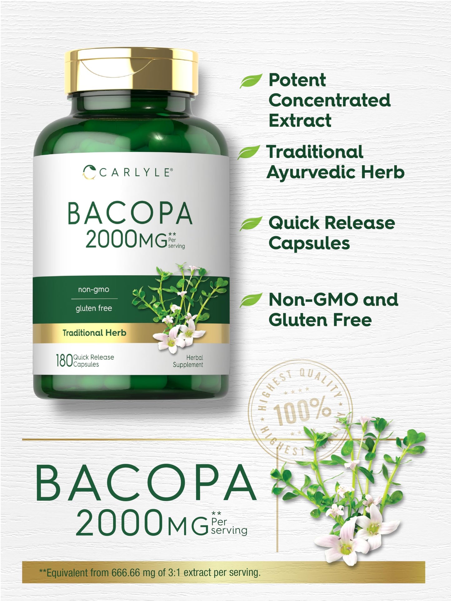 USA imported Carlyle Bacopa Monnieri non-GMO and gluten-free product packaging side view