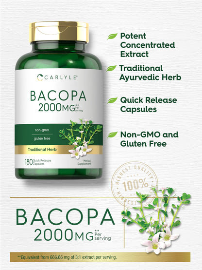 USA imported Carlyle Bacopa Monnieri non-GMO and gluten-free product packaging side view