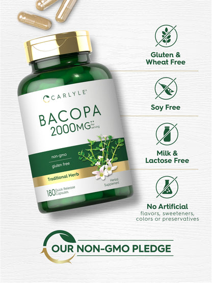 Quick release capsules of Carlyle Bacopa Monnieri premium brain health supplement displayed on a clean surface