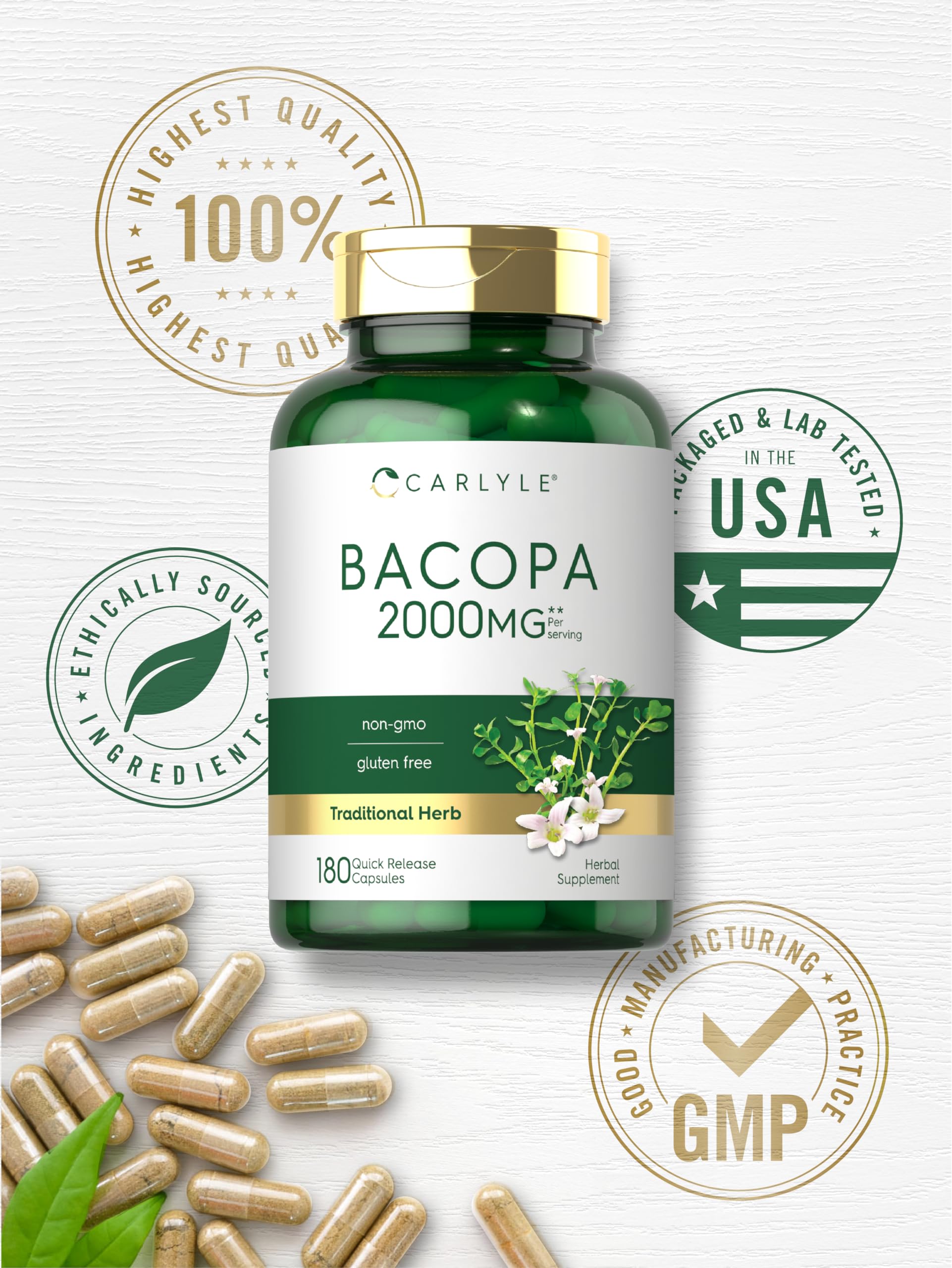 Close up of the ingredients list and quality testing certifications on the Carlyle Brahmi capsule bottle