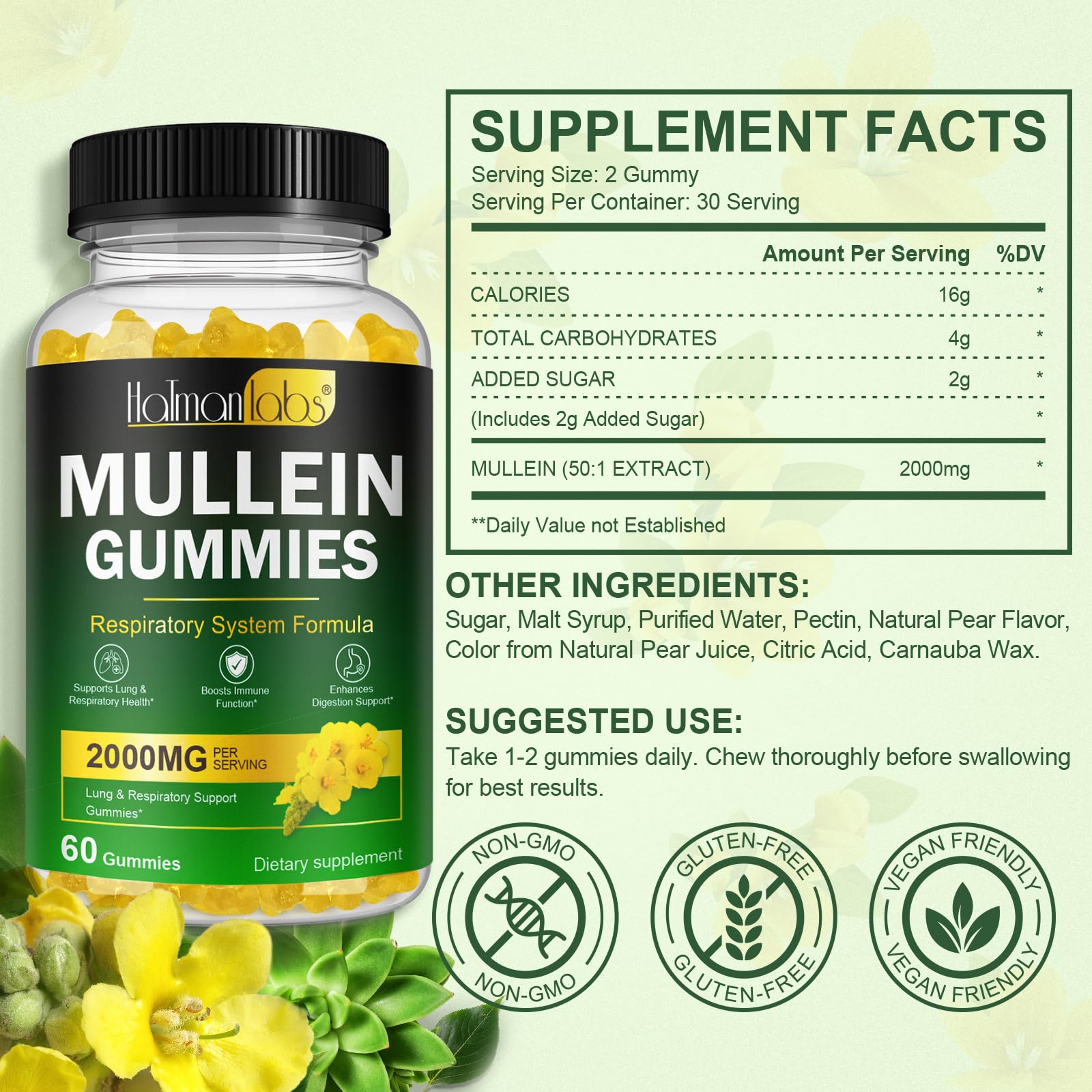 Mxczbsm Mullein Gummies pear flavor nutritional label