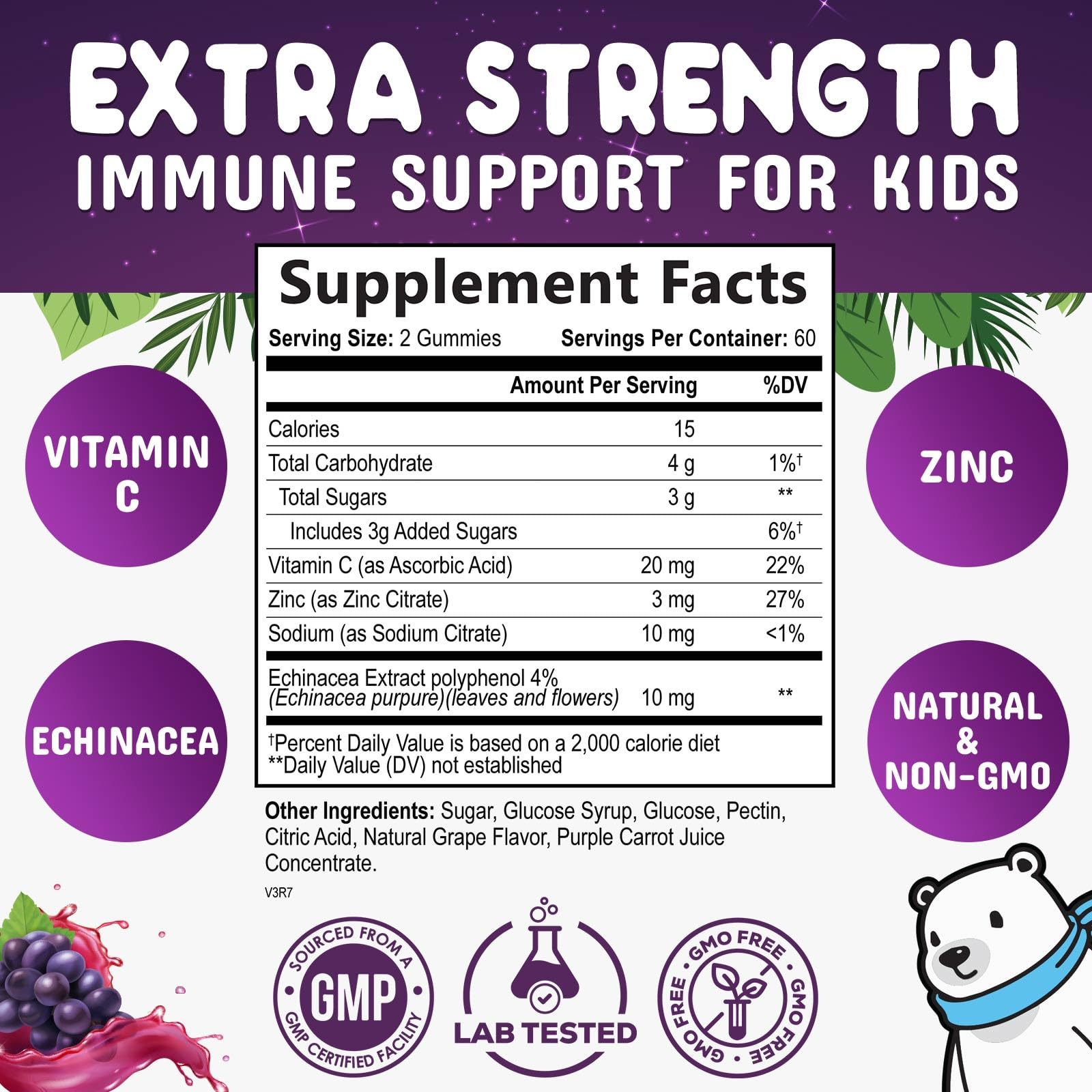 Close up of Nature's Nutrition immune support supplement label