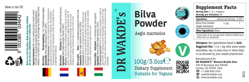 Back label of Dr Wakdes Bilva Powder displaying ingredients and nutritional facts