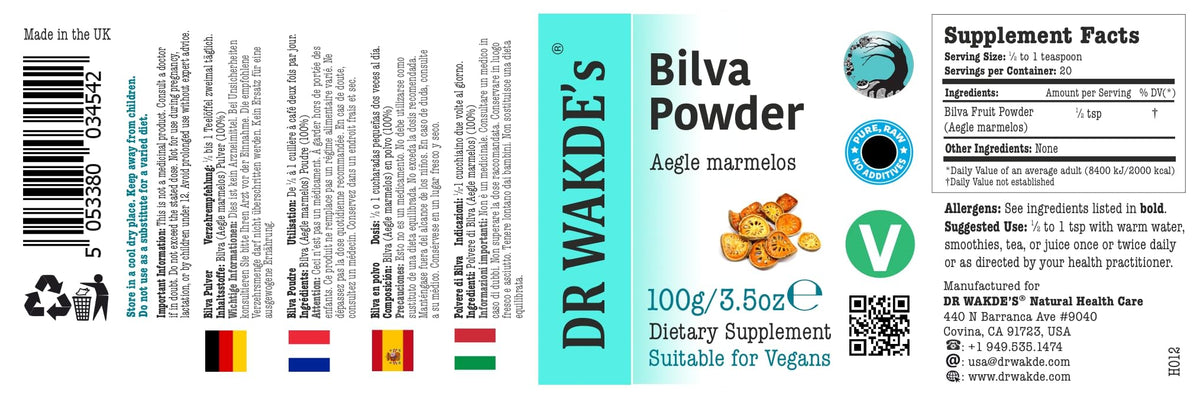 Back label of Dr Wakdes Bilva Powder displaying ingredients and nutritional facts